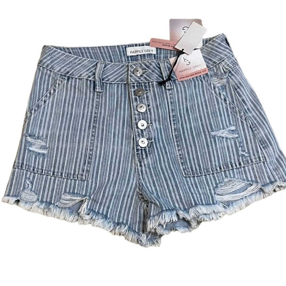 Happily Grey Women's High Rise Striped Denim Shorts Frayed Edge Size 5 Blue